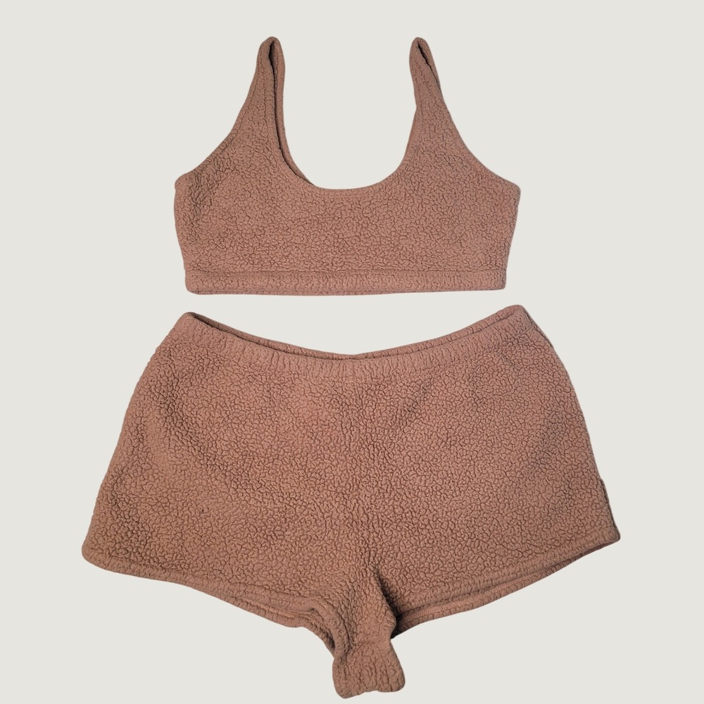Victoria's Secret PINK Sherpa Lounge Set Brown XL Teddy Fleece Bralette Shorts
